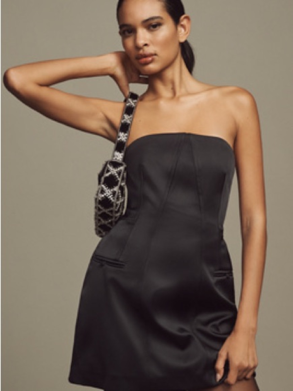 Anthropologie Black Strapless Satin Mini Dress